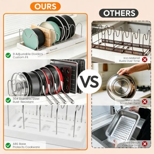 2 Pack Expandable Pots and Pans Organizer under Cabinet, Adjustable Pot Lid Organizer Rack with 9 Stainless Steel Dividers, Food Container Lid Holder for Kitchen Countertop Storage (White) - Image 5