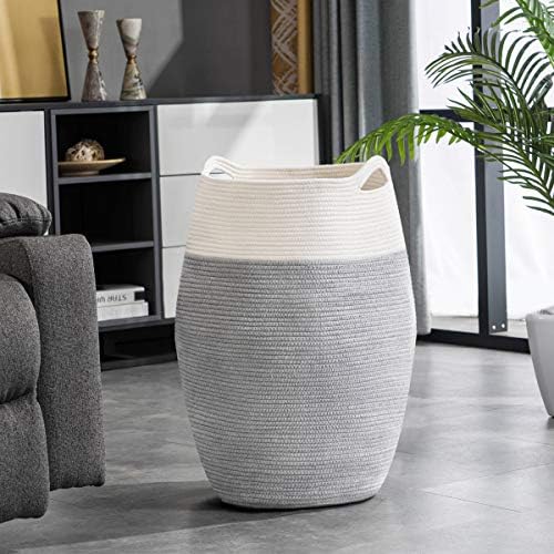 Cotton Rope Laundry Hamper by YOUDENOVA, 105L - Woven Collapsible Laundry Basket - Clothes Storage Basket for Blankets, Laundry Room Organizing, Bedroom Storage, Clothes Hamper – Grey & White - Image 4