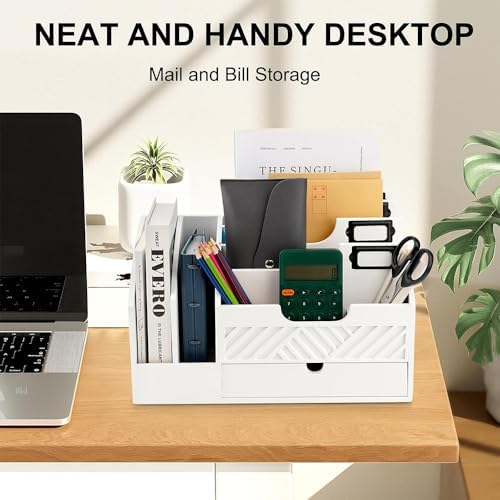Wood Mail Organizer Countertop, 6 Compartments with Drawer, White - Image 5