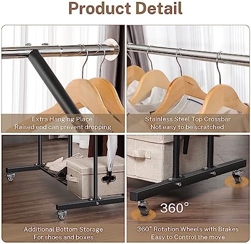 VICERII Clothing Rack, Heavy Duty Clothes Racks with Wheels and Bottom Shelf, 52.36’’ Metal Double Clothing Racks with Wheels, Wardrobe Rack for Hanging Clothes, Coats, Shirts, Skirts, Dresses, Black - Image 4