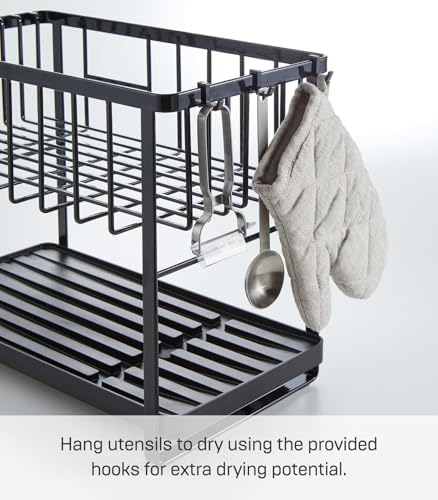 YAMAZAKI Home Tower Two-Tier Adjustable Dish Drainer Rack, Compact Drying Rack with Hooks, Utensils Holder - Steel - - Image 6