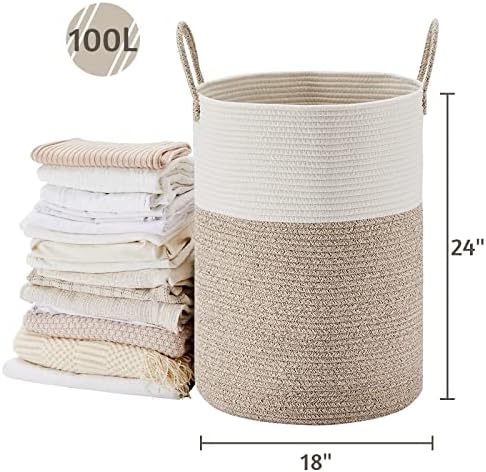 VIPOSCO 100L Extra Large Woven Laundry Basket Hamper, White Brown - Image 3