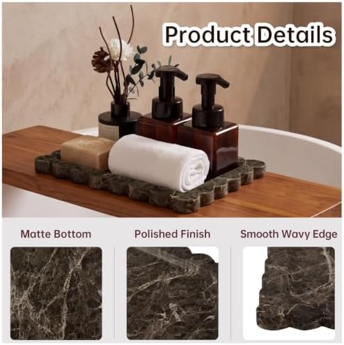 Rectangle Marble Tray with Scalloped Edge, Dark Brown Decorative Tray for Bathroom Vanity, Kitchen Counter, Dresser Top Organizer, Perfume Jewelry Holder, 11x8 Inch Natural Stone Home Décor - Image 2