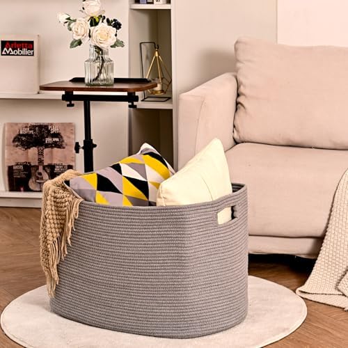 ICERZCZ Large Grey Storage Basket, Blanket Baskets for Living Room, Large Toy Basket for Storage, Woven Cotton Rope Baskets for Blankets, Clothes, Shoes, Books, Grey, 25”x16”x16” (105L) - Image 3