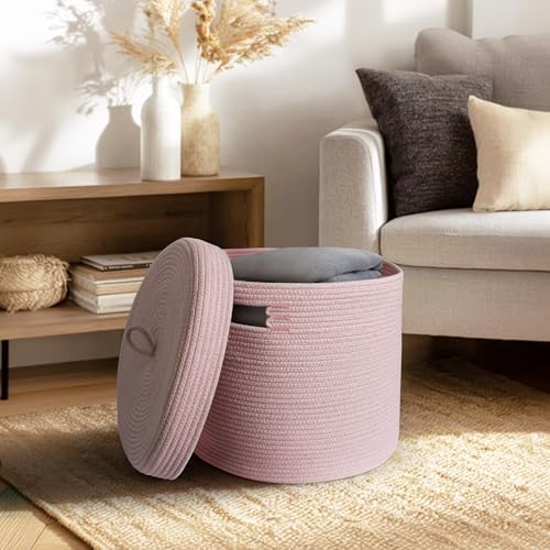 Storage Basket with Lid, Woven Blanket Storage for Living Room, Soft Cotton Rope Bin with Lid, Round Wicker Laundry Basket with Cover, Lidded Kid Dog Toy Box, Nursery Organizer, 15"x13", Pink - Image 3