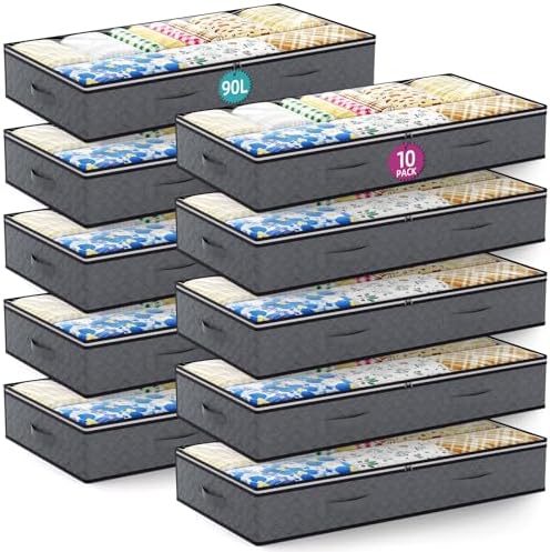 10 Pack Under Bed Storage Containers 90L Underbed Closet Organizer System Collapsible Storage Bins with Clear Window and Reinforced Handles for Bedding Pillows Blanket Towels Clothes Wardrobe Bedroom by VZZNN