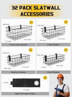 AZUNO 32Pcs Slatwall Accessories Set with 4 Slatwall Baskets & 26 Multi-Sized Slatwall Hooks and 2 Heavy-Duty Storage Straps for Garage, Workshop, and Home Organization Storage - Image 2
