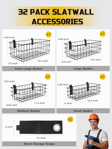 AZUNO 32Pcs Slatwall Accessories Set with 4 Slatwall Baskets & 26 Multi-Sized Slatwall Hooks and 2 Heavy-Duty Storage Straps for Garage, Workshop, and Home Organization Storage - Image 2