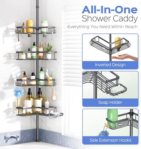 HAMITOR Shower Caddy Tension Pole: 4-Tier Corner Bathroom Organizer with Soap Holder - No-Drill Adjustable Storage Rack - 47-123 Inch Rustproof Space Saving Gray - Image 6