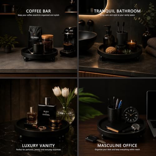 ROSE BLOOM 10" Round Wood Pedestal Stand, Farmhouse Display Riser for Bathroom Vanity, Kitchen Counter & Coffee Bar, Decorative Wooden Tray for Candles, Plants & Home Decor, Black - Image 3
