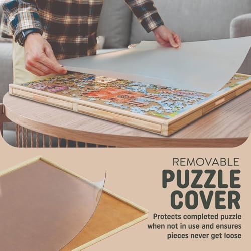 1500 Piece Wooden Jigsaw Puzzle Board - 6 Drawers, Preassembled Rotating Puzzle Table | 35” X 28” Jigsaw Puzzle Board | Puzzle Cover Included - Portable Tables for Adults and Kids - Image 4