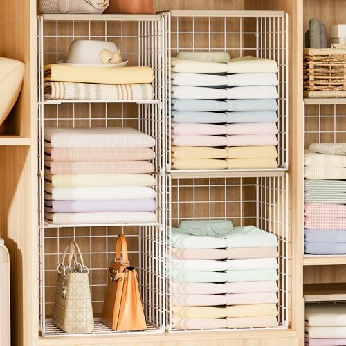 6 Tier Taller Closet Organizers and Storage, Stackable Closet Shelf Organizer with 2 Dividers for Clothes Towels Toys, Rv, Double Storage Design, Clothing Storage Basket for Wardrobe, White ﻿ by Hencawima