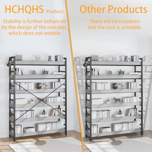 HCHQHS Bookshelf, Adjustable Industrial Bookcase, Vertical Tall Book Shelf, Wood and Black Metal Open Bookshelves for Home Office, Living Room, Bedroom (Grey, 6-Tier (47" W x 70" H)) - Image 6