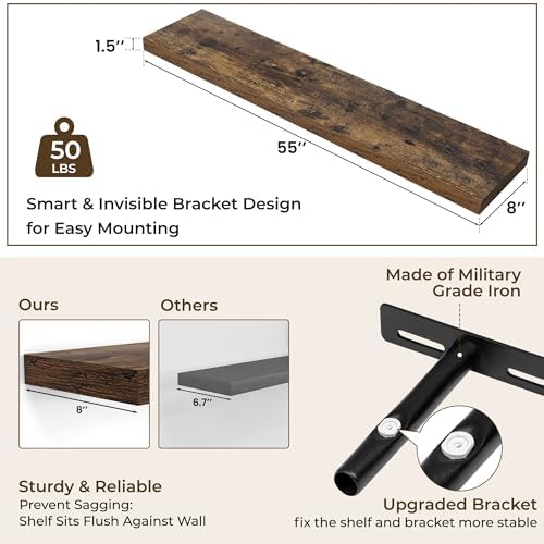 RICHFOCUS Long Floating Shelves for Wall 2Pack|Rustic Brown|55" Lx8 D - Image 3