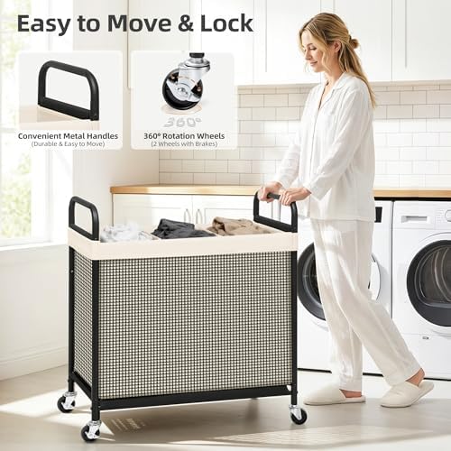 STORAGE MANIAC Rolling Laundry Hamper with Wheels 3-Section Laundry Sorter Rolling Laundrys Basket on Wheels with Removable Bag Clothes Hamper Laundrys Organizer Cart Bathroom Bedroom 120L Beige - Image 5