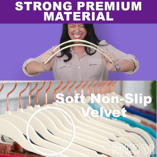 MIZGI Ivory Velvet Hangers 60 Pack Non Slip Heavy Duty Rose Gold Hooks - Image 3