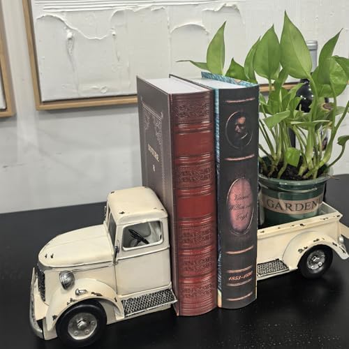 Decorative Book Ends Vintage Bookends: Metal Truck Book Stopper for Heavy Books - Farmhouse Decor for Shelf Table Coffee Bar Office Home - Gift for Adults Men Teen (Vintage White) - Image 4