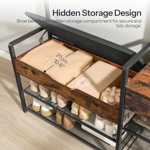 HOOBRO Hall Tree with Bench, Shoe and Coat Rack for Entryway, Coat Rack with Bench, Flip Top Storage Box, PU Cushioned Seat, Non-Woven Fabric Drawer, for Entrance, Rustic Brown and Black BF110MT01 - Image 5