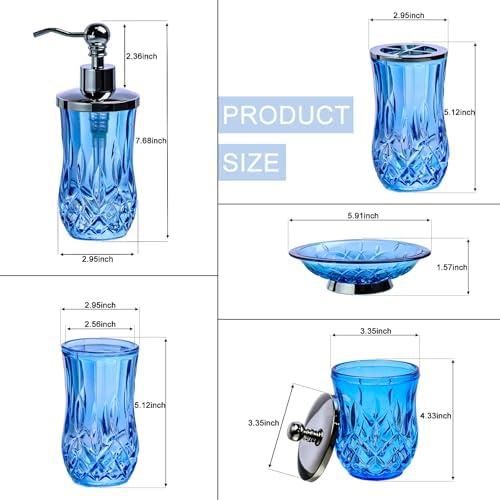 Blue Bathroom Accessories, Round Thick Glass & Metal Pump - Image 3