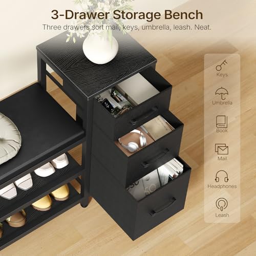 YATINEY Entryway Bench with Shoe Storage, 3-Tier Shoe Rack Bench with Wooden Shelves and 3 Non-Woven Drawers, PU Padded Shoe Storage Bench for Entryway, Bedroom, Black HX07BB - Image 4