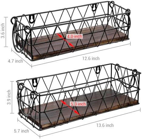 MyGift 2 Piece Wall Mounted Black Geometric Metal Nesting Storage Basket with Rustic Solid Burnt Wood Base, Small Tabletop Decorative Metal Wire Bins with Handles - Image 6