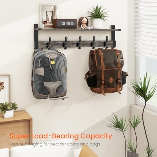 Homode Coat Rack Wall Mount with Shelf, 29 Inch Wall Shelf with Hooks, Grey - Image 6