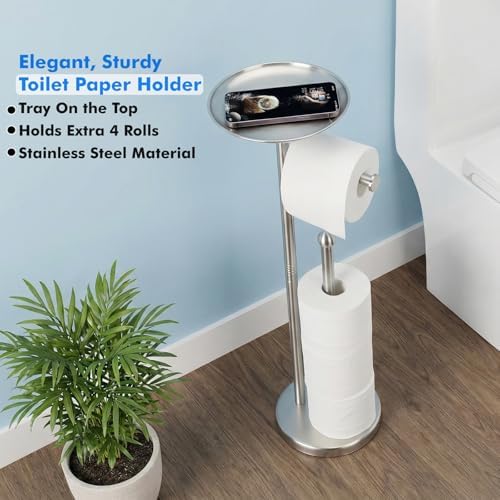 Toilet Paper Holder with Shelf, Toilet Paper Stand for Holding Extra 4 Toile Paper Rolls, Freestanding Toilet Paper Roll Storage, Heavy Base No Tipping Over (Stainless Steel, Brushed Nickel) - Image 2