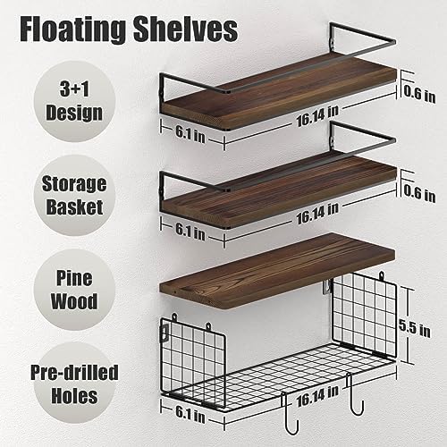 3+3 16.1in Bathroom Shelves Wall Mounted Over Toilet with Toilet Paper Storage Basket & Hooks, Hanging Floating Shelves Bathroom for Wall Room Decor, Bathroom Organizers and Storage Brown - Image 3
