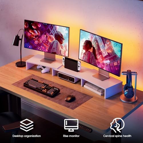 FITUEYES Dual Monitor Stand Riser, Adjustable Length and Angle, White - Image 2