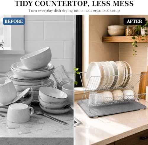 Stone Drying Mat for Kitchen Counter, Stone Dish Drying Mat with 4 Wooden Feet & Foldable Stainless Steel Dish Drying Rack for Sink Area, Apartment, RV & Small Household Kitchen - Image 5