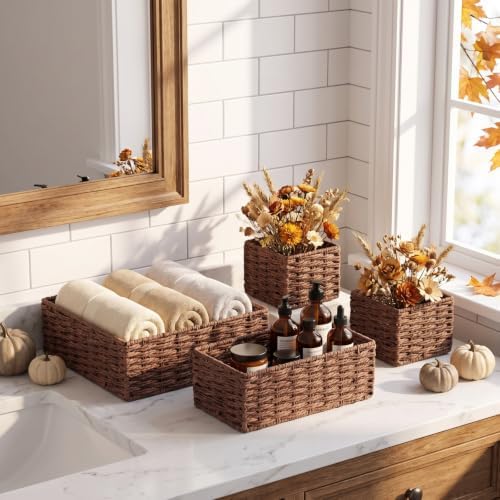 SiliFine Paper Rope Bathroom Woven Storage Basket Set of 4, Brown - Image 2