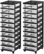 IRIS USA 2 Pack 10-Drawer Plastic Storage Rolling Organizer Cart with Caster Wheels for Laundry Room, Bathroom, or Closet Dresser Storage, Black/Clear by IRISUSA