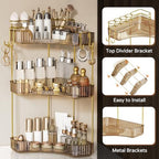 3-Tier Corner Bathroom Counter Organizer，Makeup & Skincare Shelf with Built-in Brush Holder，Space-Saving Bathroom Countertop Organizer for Skincare, Perfume, Cosmetics(Amber) - Image 3