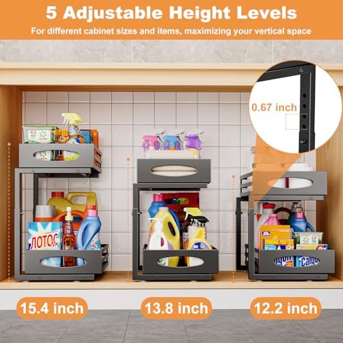 mixeshop Under Sink Organizer, 2 Tier Under Sink Organizers and Storage, Adjustable Height, Slide out Metal Cabinet Organizers, Pull out Cabinet Storage Drawer Shelf for Kitchen Bathroom (Black, 2) - Image 6