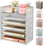 Subekyu 6 Tier Paper Organizer for Desk with Handle, Metal Mesh Desk Office File Folder Paper Letter Tray Accessories Organizer Sorter for Home, School, Office Desktop Document Organization - Silver by SUBEKYU