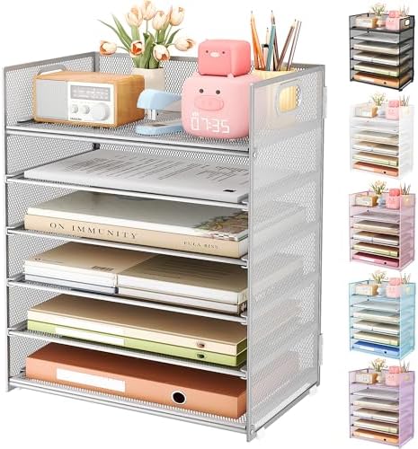 Subekyu 6 Tier Paper Organizer for Desk with Handle, Metal Mesh Desk Office File Folder Paper Letter Tray Accessories Organizer Sorter for Home, School, Office Desktop Document Organization - Silver by SUBEKYU