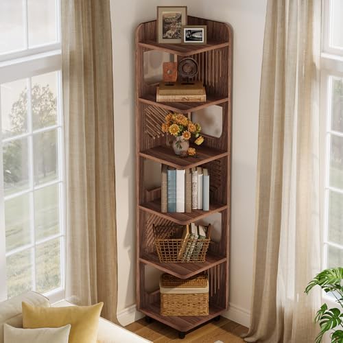 Tribesigns 6-Tier Corner Bookshelf, Tall Narrow Corner Shelf Bookcase with Hollow Design, Farmhouse Skinny Display Shelf for Living Room, Bedroom, Small Space, Brown - Image 5