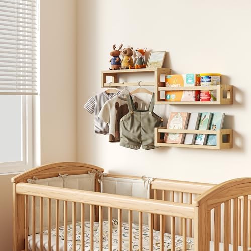 3Pack Solid Wood Floating Shelves for Wall, Nursery Bookshelf, Natural Wood - Image 4