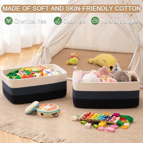 OIASKET Large Storage Basket for Organizing, Woven Rope Basket for Shelves, Closet Organizer Bins for Clothes, Blanket, Toys, Baby Nursery Storage, 17.7" x 13" x 7.87", 2 Packs Gradient Blue - Image 4