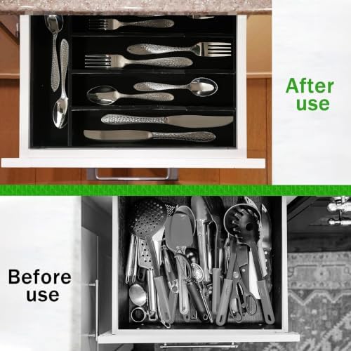 Greenual 2 Pack Black Silverware Organizer 10 In Utensil Organizer Silverware Tray for Drawer Cutlery Flatware Organizer for Kitchen Bamboo Wood - Image 3