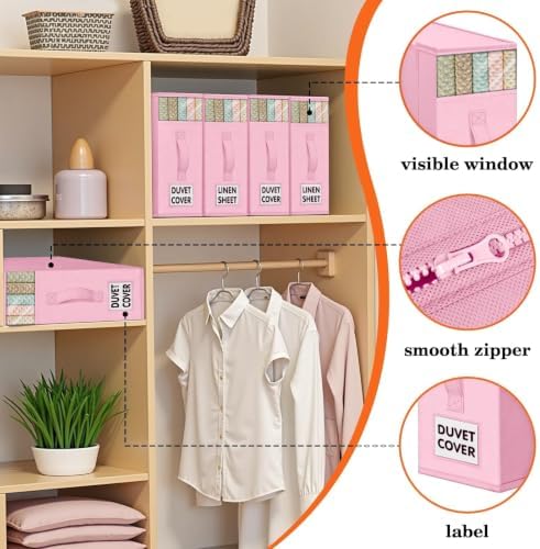 WOWBOX Sheet Organizers and Storage,Closet Bed Sheet Organizer Under Bed Storage and Organization with Label Cards & Clear Window for Bedding Sheets,Duvet Covers,Blankets (10 Pack，Pink) - Image 2