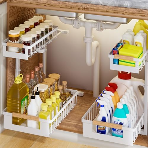 2 Pack Under Sink Organizer, 2 Tier Pull Out Cabinet Organizer with 5-Level Adjustable Height, Sliding Metal Storage Rack for Kitchen Bathroom Pantry, White by GUUKAR