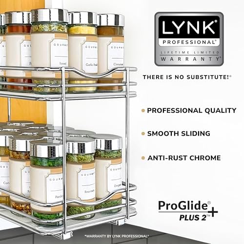 LYNK PROFESSIONAL® Pull Out Spice Organization for Cabinets - 6-3/8 inch Wide – Spice Rack for Inside Cabinets, Slide Out Spice Rack Organizer for cabinet – Pull Out Spice Rack, Sliding 2 Tier Chrome - Image 2