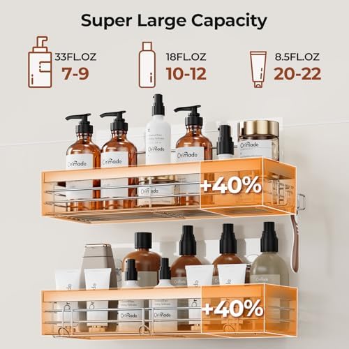 Orimade Adhesive Shower Caddy Soap Dish Holder Shelf with 5 Hooks Bathroom Organizer Basket Kitchen Storage Rack Wall Mounted No Drilling Stainless Steel - 3 Pack,Silver - Image 5