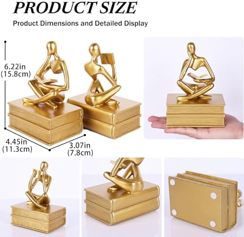 Reading Figurine Book Ends Book Lovers Gifts for Bookshelf Decorations for Readers, Graduates, Students, Teachers, Sculpture Home Decor for Shelves Desk Office Living Room (Gold) - Image 4