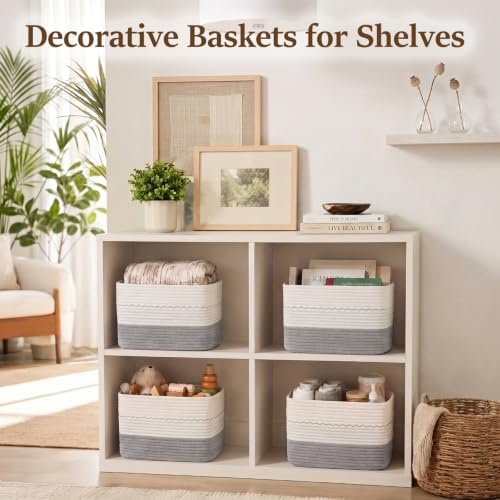 OIASKET 4 Pack Storage Baskets for Organizing, 13"X9"X7.87", Decorative Cotton Rope Baskets for Shelves, Small Woven Basket for Toys, Books and Towels, Grey & White - Image 2