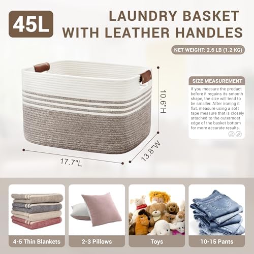 45L Woven Laundry Basket Hamper with Leather Handles,Dark Brown - Image 2
