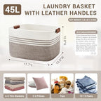 45L Woven Laundry Basket Hamper with Leather Handles,Dark Brown - Image 2