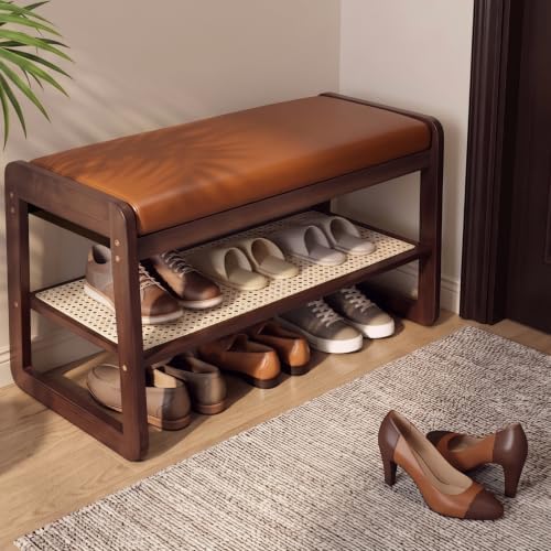 Shoe Rack Bench, 2-Tier Bamboo Entryway Bench 27.5"L, Orange Leather by SHERBECK
