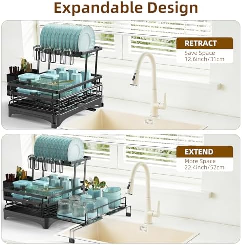 AULEEP 2-Tier Foldable Dish Drying Rack for Kitchen Counter Over the Sink - Image 2
